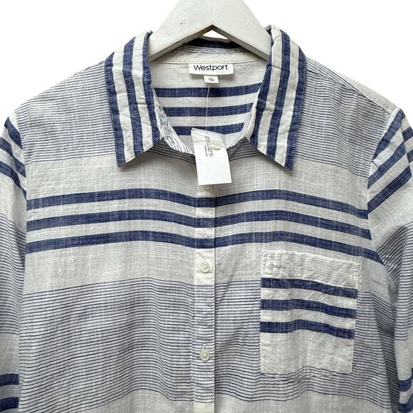 NEW Westport Blue Stripe Top XL Cotton Button Up Roll Sleeve Casual Dressbarn - Picture 3 of 9